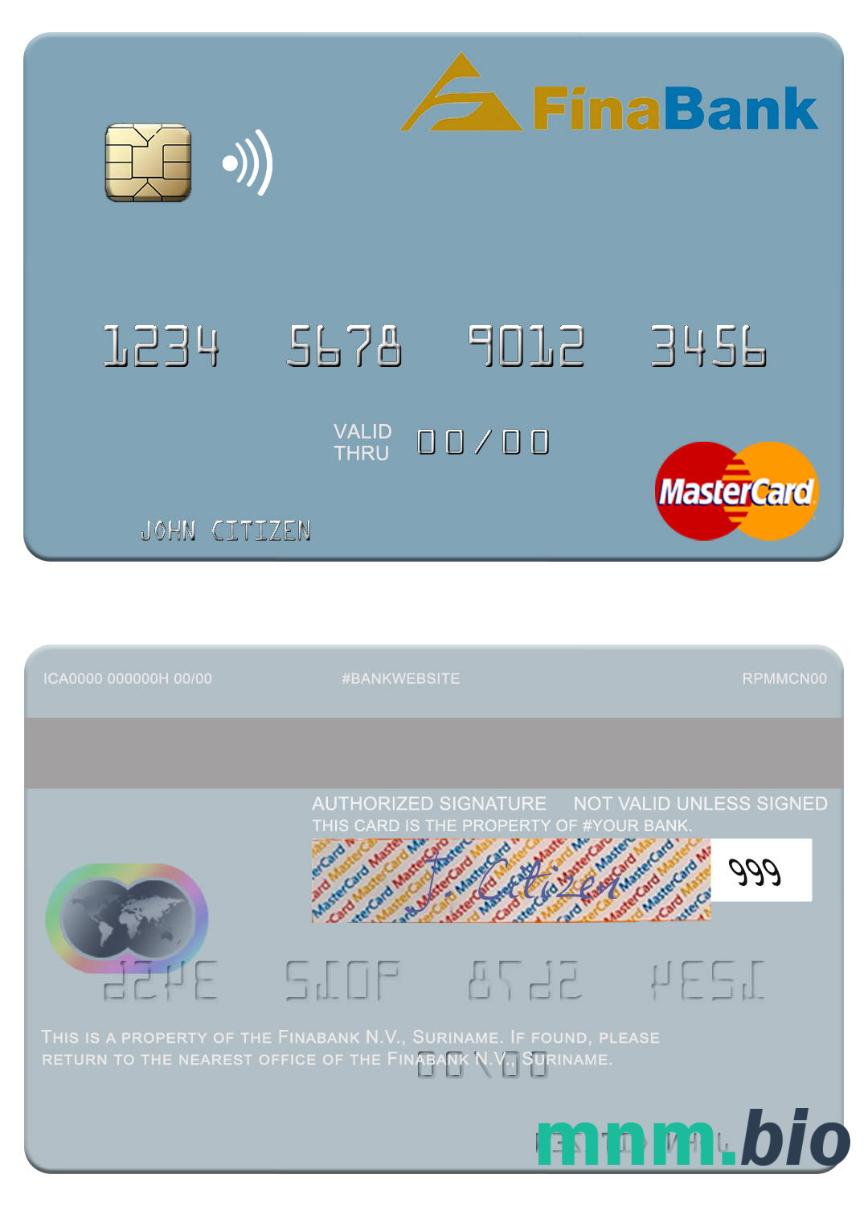 Suriname Finabank N.V. przykład karty mastercard w formacie PSD